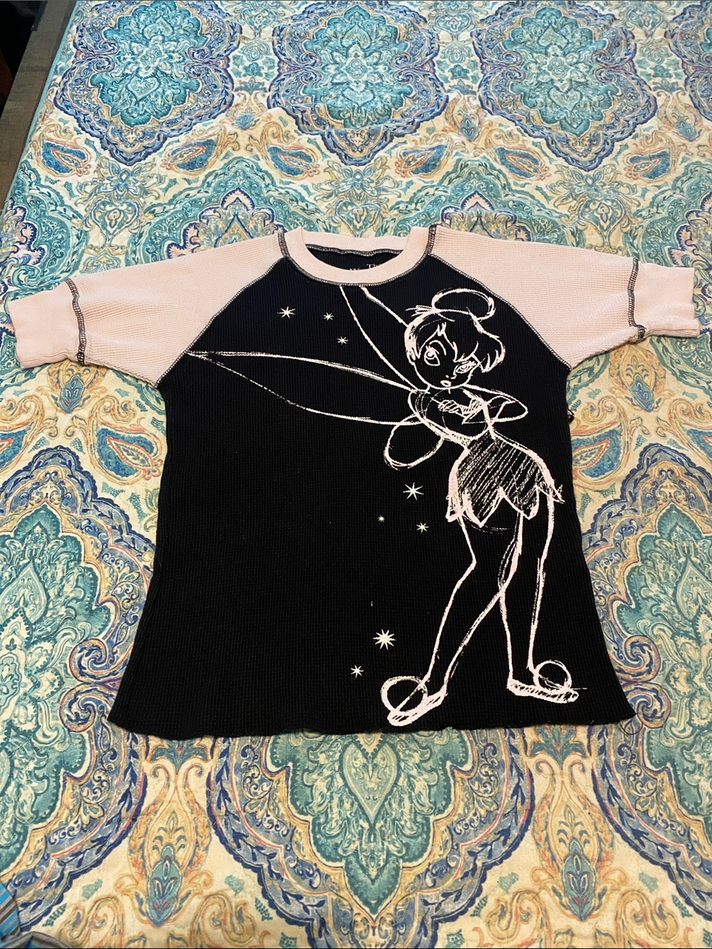 Disney Black Tee with Light Pink Raglan Sleeves and Tinker Bell Sketch